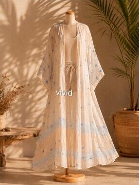 Free People X Laurel Canyon Aura Kimono Duster One Size Ivory/Blue NWT$168